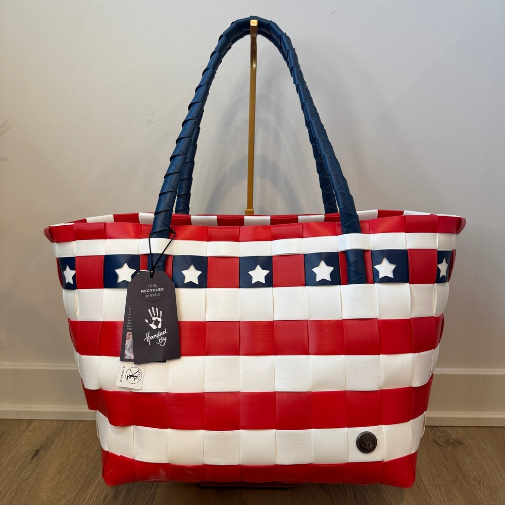 Handed By Woven Tote Bag Red White Blue Stars Stripes Paris Recycled Plastic EUC
